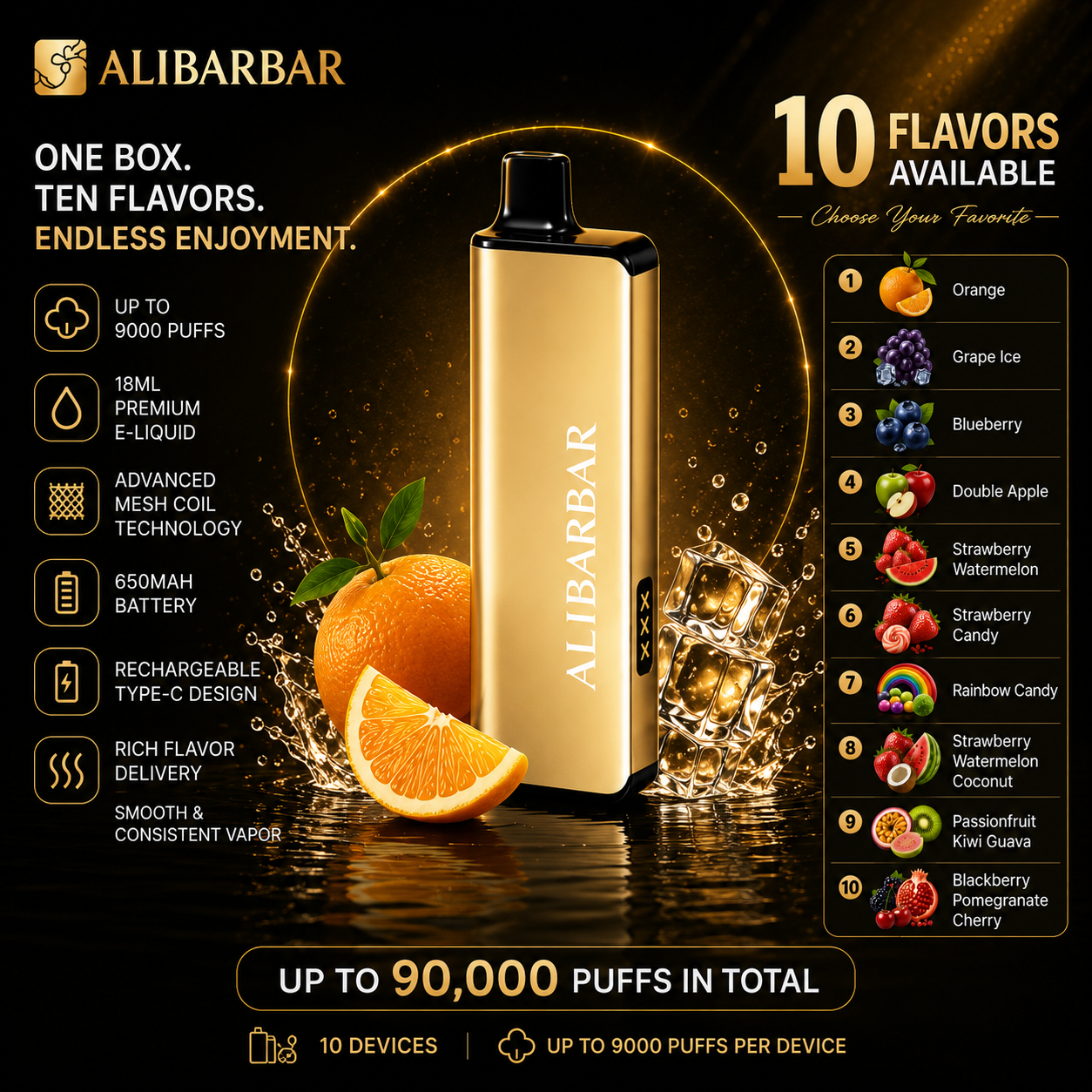 44b43fc873b964e07b1f7917c81530af Alibarbar 9000 Puffs Disposable Vape 10 Premium Flavors • Long-Lasting Performance • Smooth Experience - Image 1